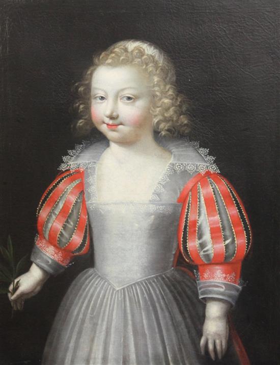 English School c.1627 Three quarter length portrait of girl, in a white dress with red doublet, holding an olive branch 24.5 x 18.5in.